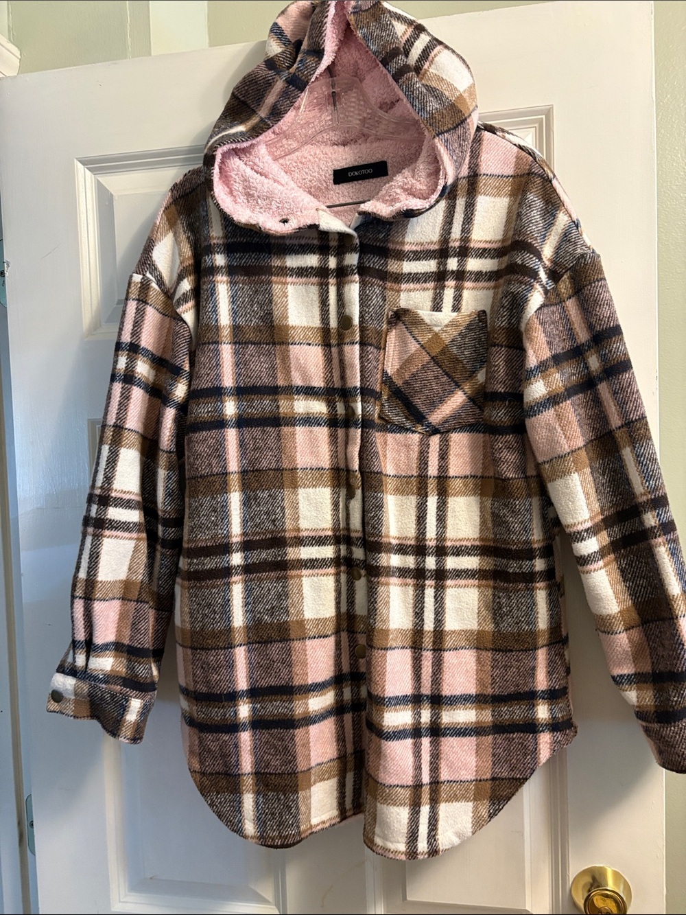 Cozy Plaid Hooded Shacket - Pink & Brown